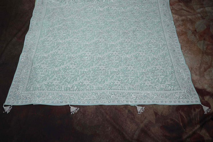 Pastel green Chikankari saree with sequins work, stitched blouse