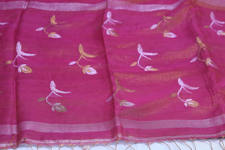 Pink tissue linen saree with jamdani weave, with BP