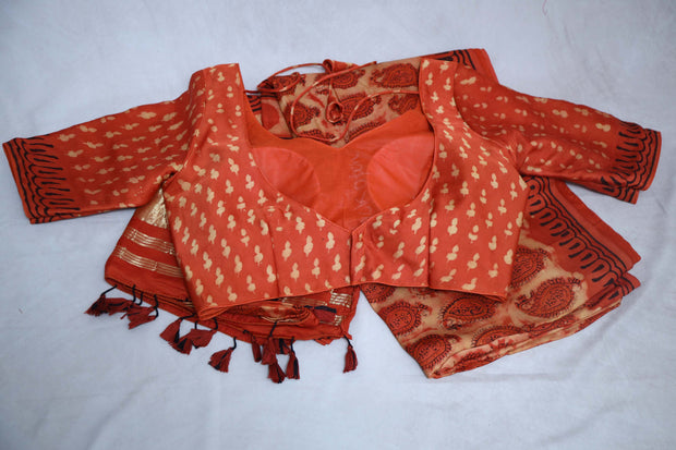 Vanaspati hand block print on modal silk saree with zari pallu and with stitched blouse