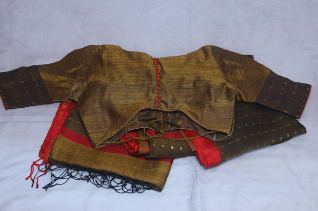 Pure muslin silk saree with weaved sequins and stitched blouse