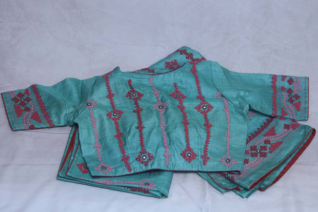 Pure tussar silk saree with kutch work, stitched blouse