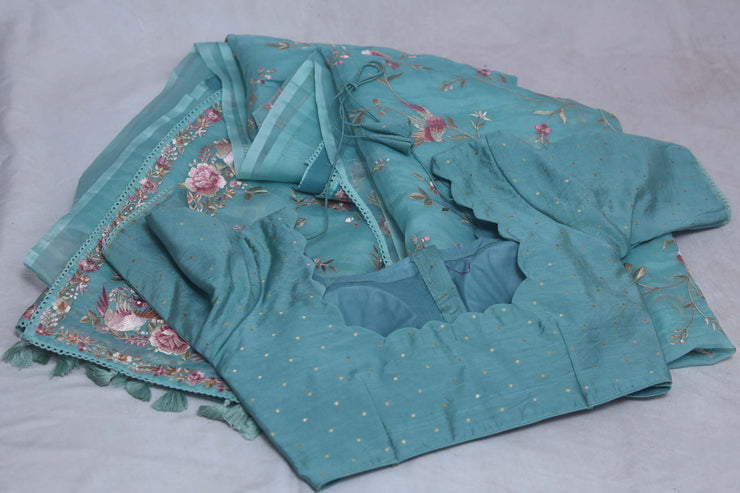 Light Blue Soft Organza Saree with Parsi Gara Machine Embroidery Work, with stitched blouse