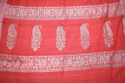 Coral color hanloom munga silk saree with silver zari banarsi weave , stitched blouse