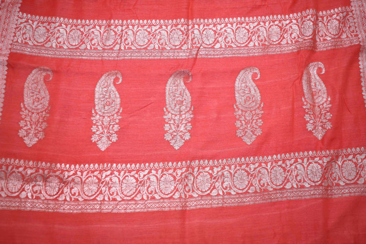 Coral color hanloom munga silk saree with silver zari banarsi weave , stitched blouse