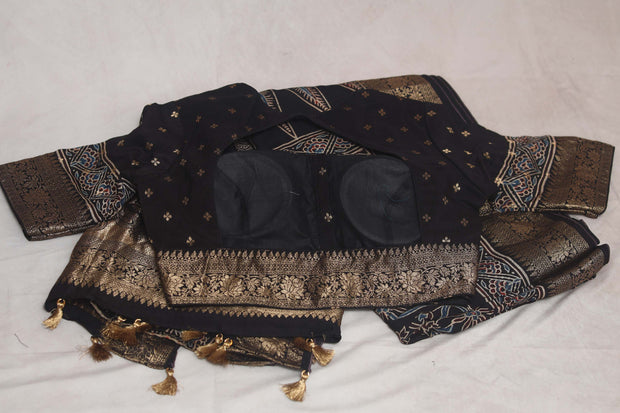 Dola silk saree with Ajrakh hand block print , stitched blouse