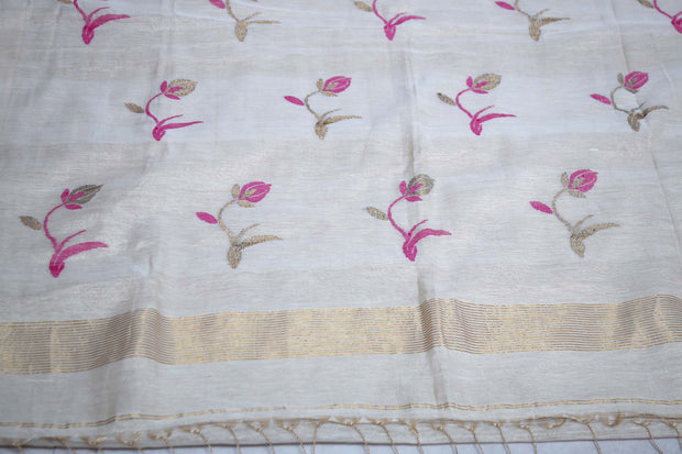 Pink tissue linen saree with jamdani weave, with BP