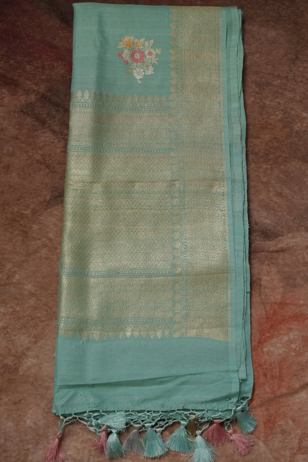 Pure tussar georgette hand loom banarsi saree with meenakari weave, stitched blouse