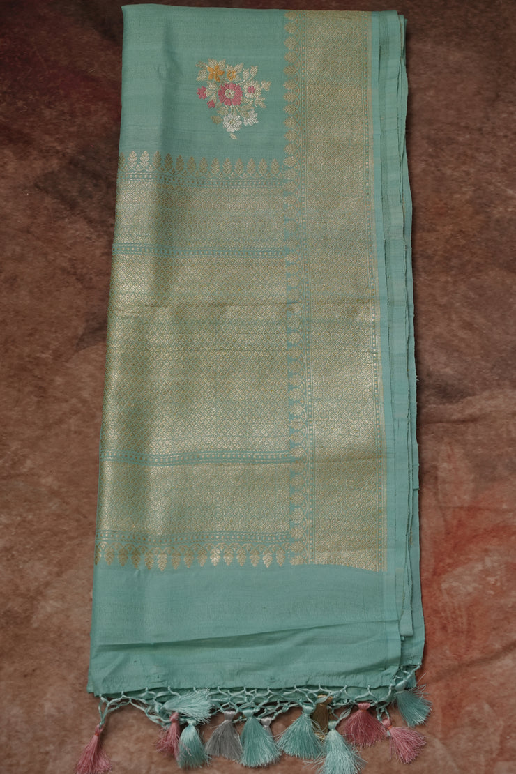 Pure tussar georgette hand loom banarsi saree with meenakari weave, stitched blouse