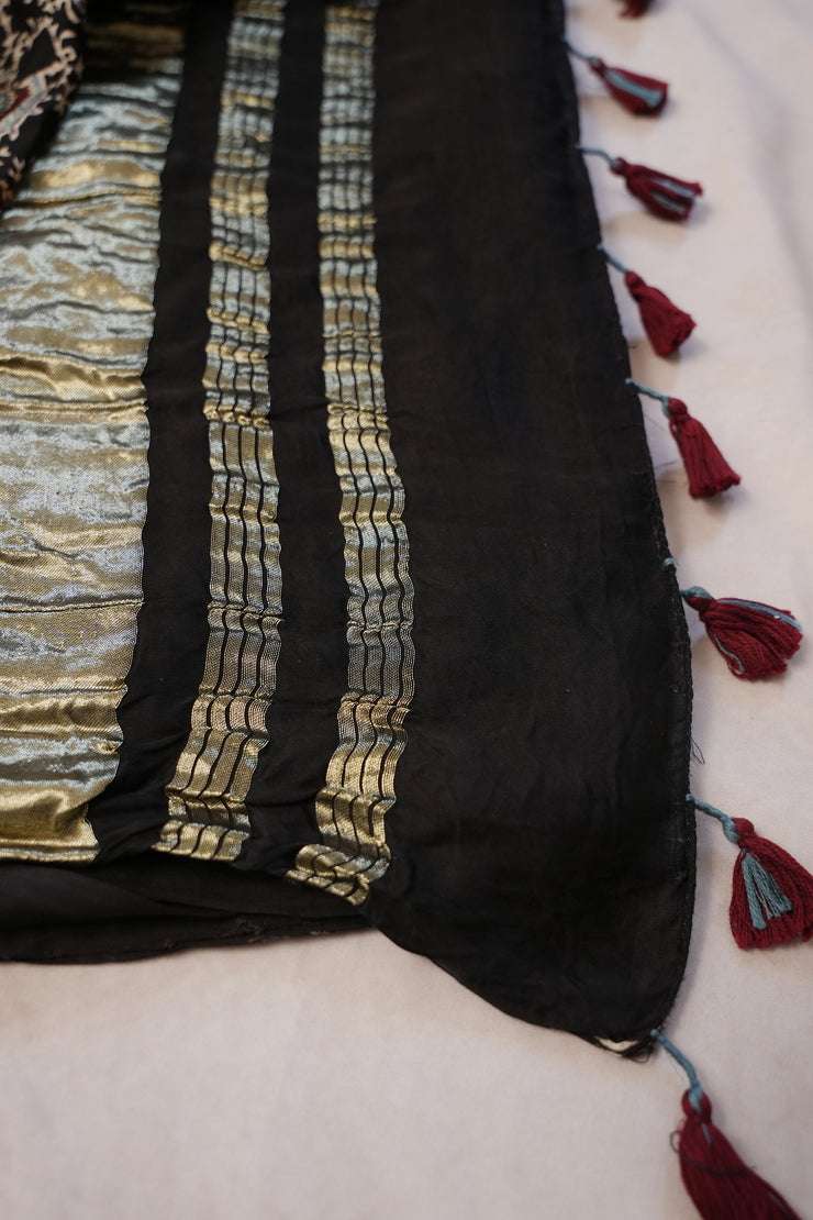 Ajrakh hand block printed Modal silk saree with bead and mirror wirk, with stitched blouse