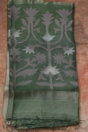 Silk linen saree with jamdani weaved pallu, with stitched blouse