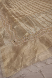 Pure Gold tissue saree with mirror and bead work, with stitched blouse