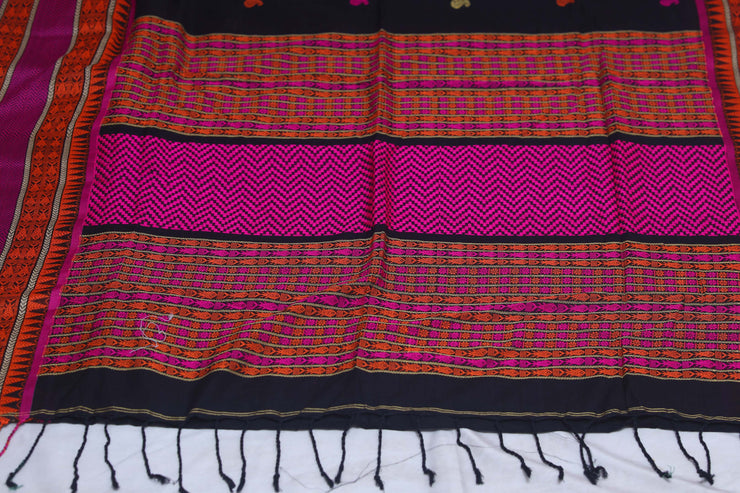 Pure handloom Bangal cotton saree with pink and orange thread weave, with bP