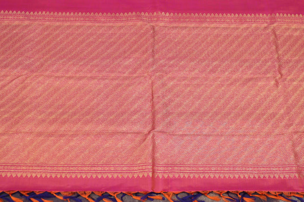 Handwoven Blue and orange pink pure silk kanchivaram silk saree with stitched blouse