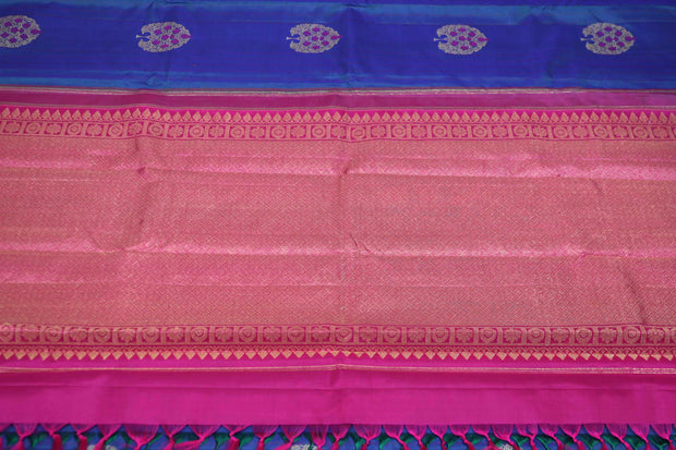 Handwoven Blue Kanchivaram pure silk saree with Pink pallu and blouse