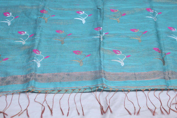 Light blue tissue linen saree with jamdani weave, with BP