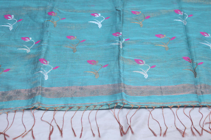 Light blue tissue linen saree with jamdani weave, with BP