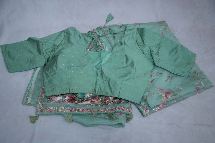 Sea Green soft organza saree with Parsi gara machine embroidery work , with stitched blouse