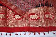 Dola silk saree with Ajrakh hand block print , stitched blouse