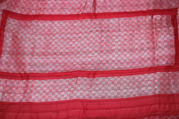 Brick red pure tussar silk handloom saree with silver zari, stitched blouse