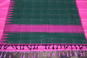 Handwoven Bottle green  Kanchivaram  pure silk saree with pink temple border and stitched blouse