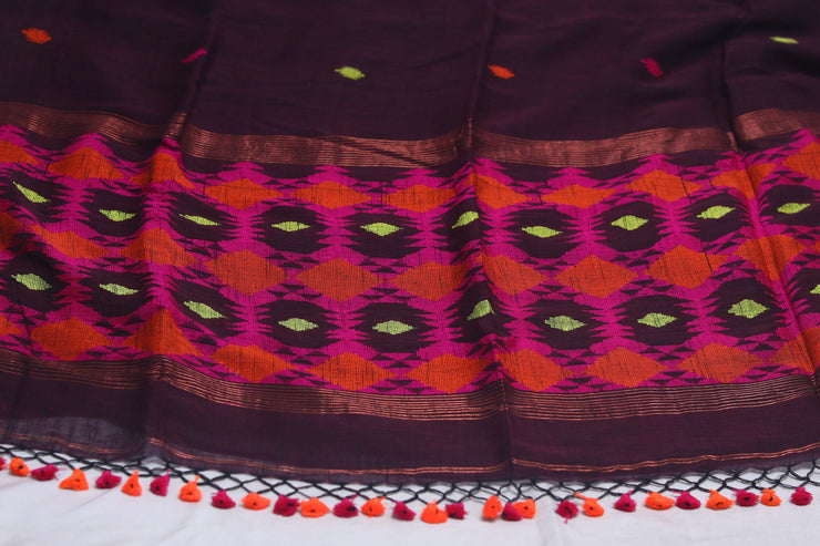 Handloom linen saree jamdani pallu, with BP