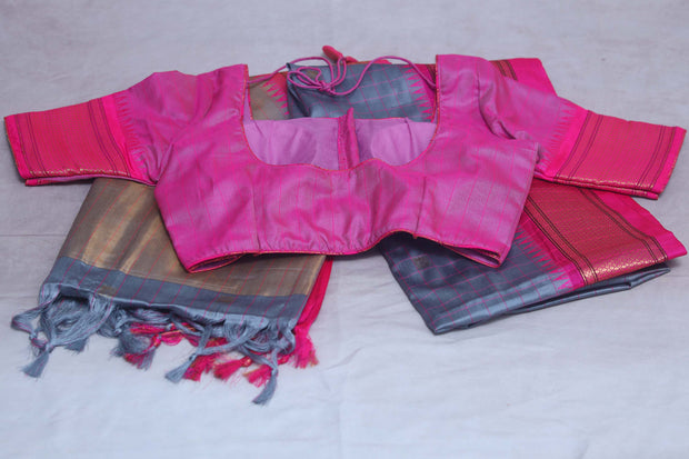 Grey semi silk saree with Pink temple border, with stitched blouse