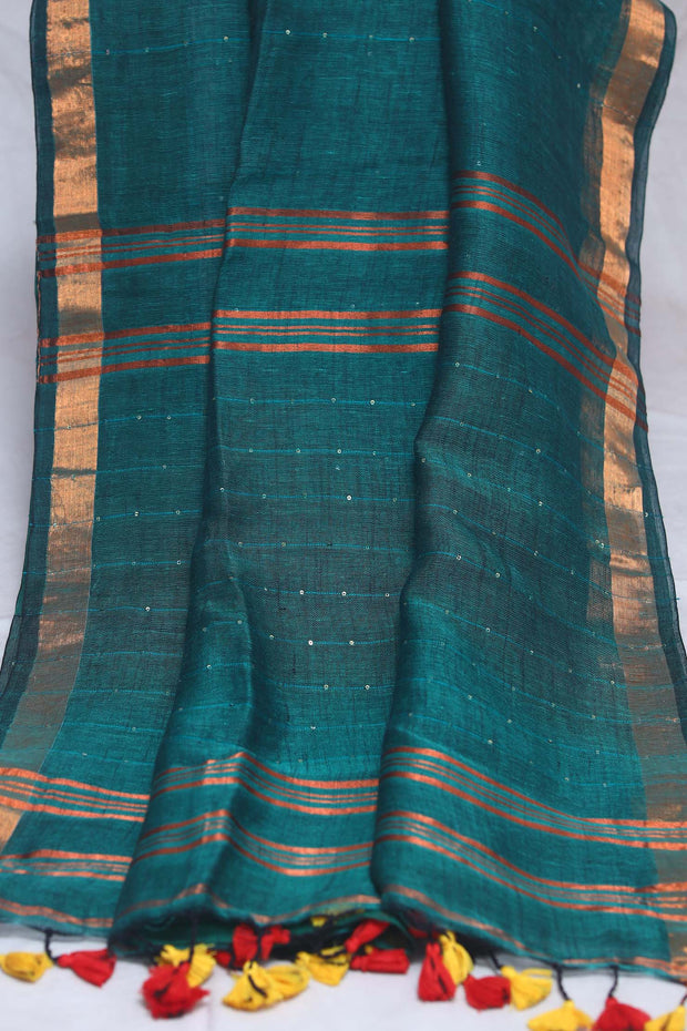 Handloom linen saree with sequins weave , with BP