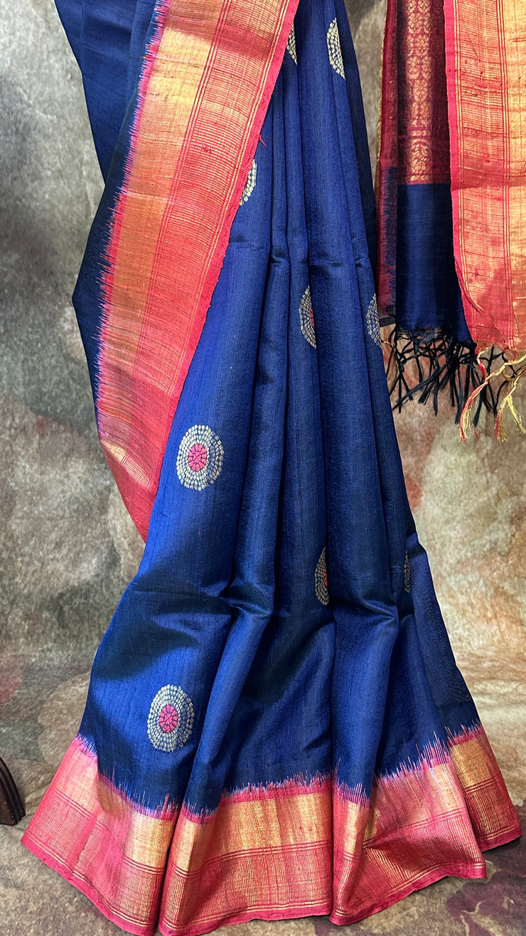 Navy blue and brick red combo pure raw silk saree with stitched blouse