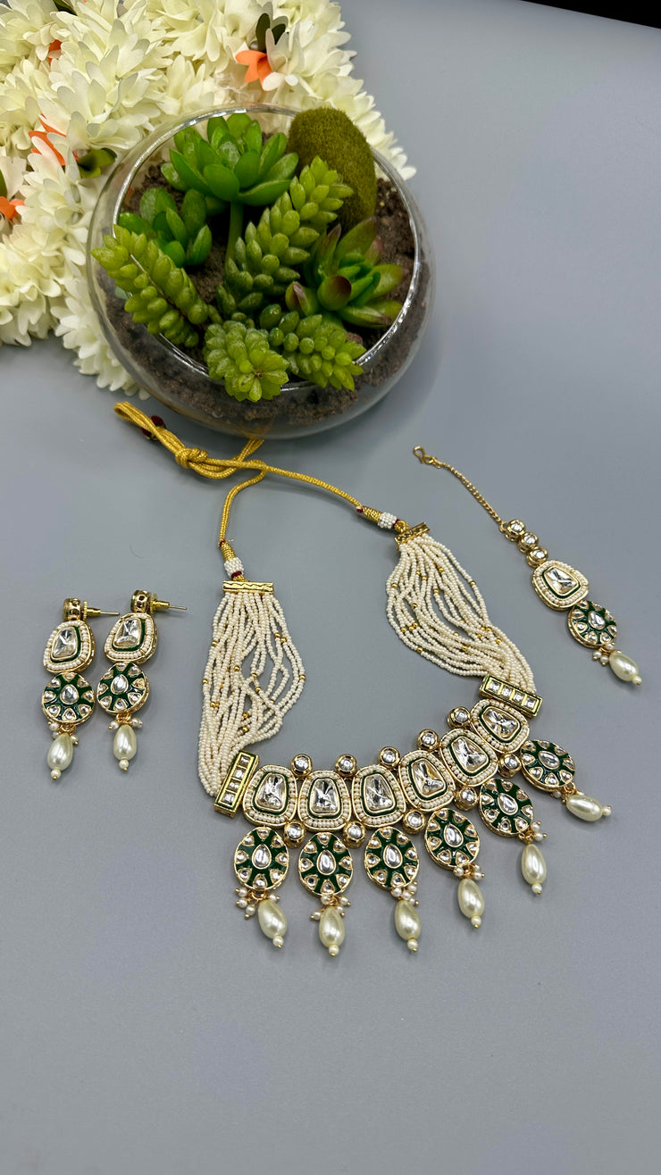 Kundan necklace and earring with mint green beads