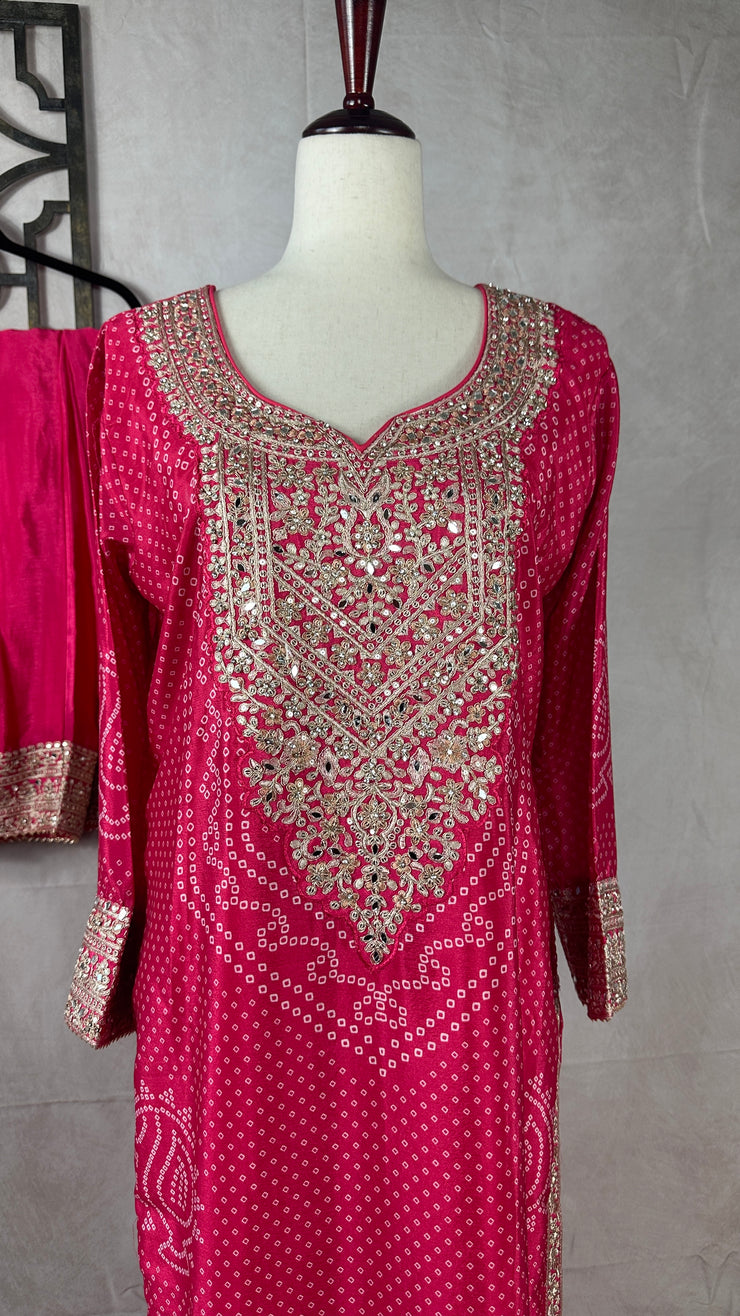 PInk bandini printed top with bottom and yellow dupatta