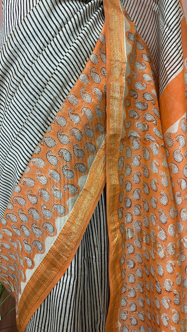 Handblock printed Maheswari cotton silk saree