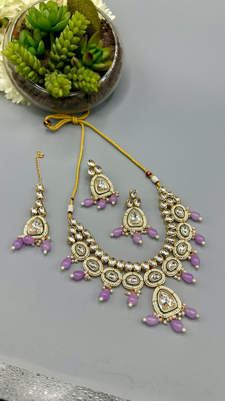 Kundan necklace and earring with lilac beads