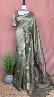 Banarsi tissue saree with kamalkari patch work, with contrast blouse