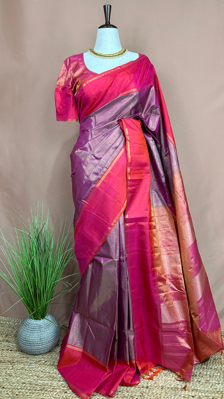 Handloom pure silk pink orange color tissue kanchivaram saree with stitched blouse