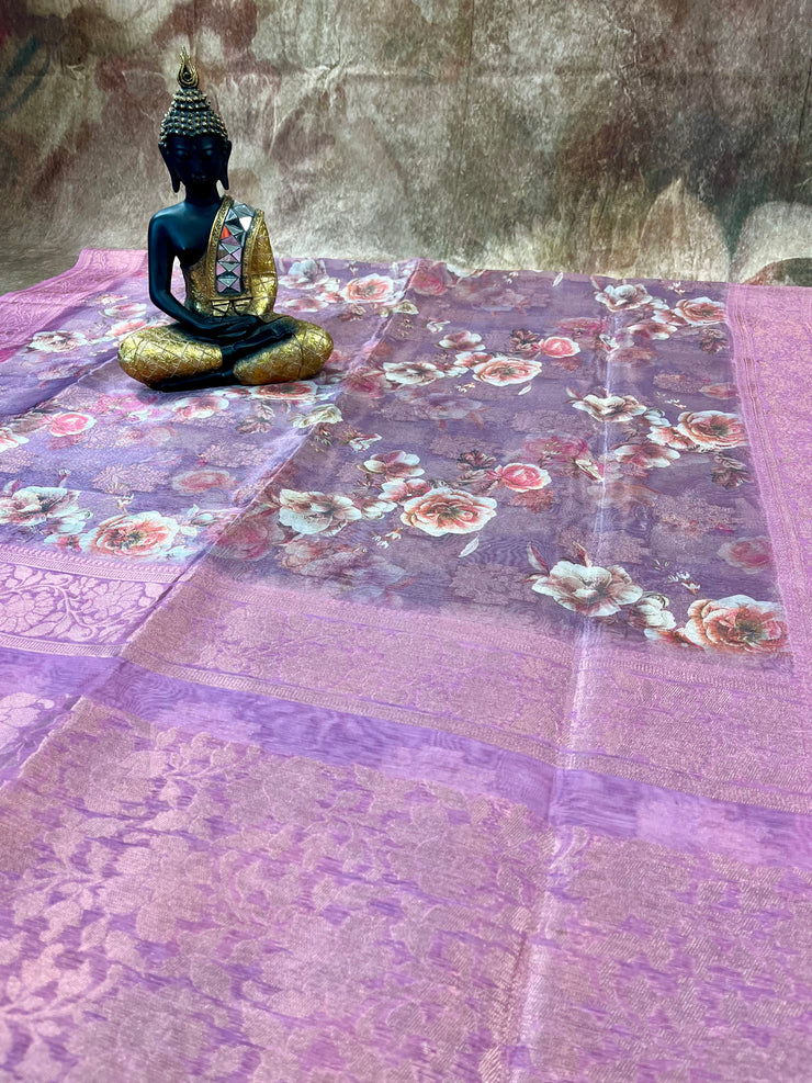 Lotus pink Semi tissue banarsi brocade saree with stitched bluse