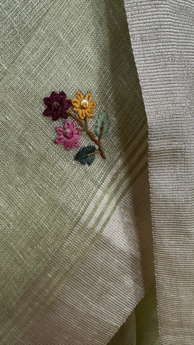 Grey Tissue Linen Saree with Hand Embroidery  and stitched blouse