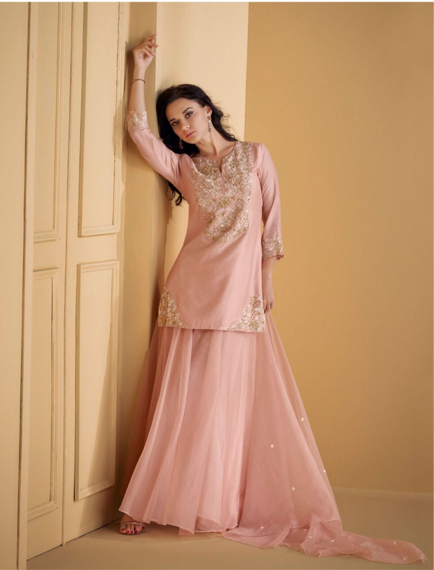 Dusty pink cotton silk top with organza skirt and dupatta