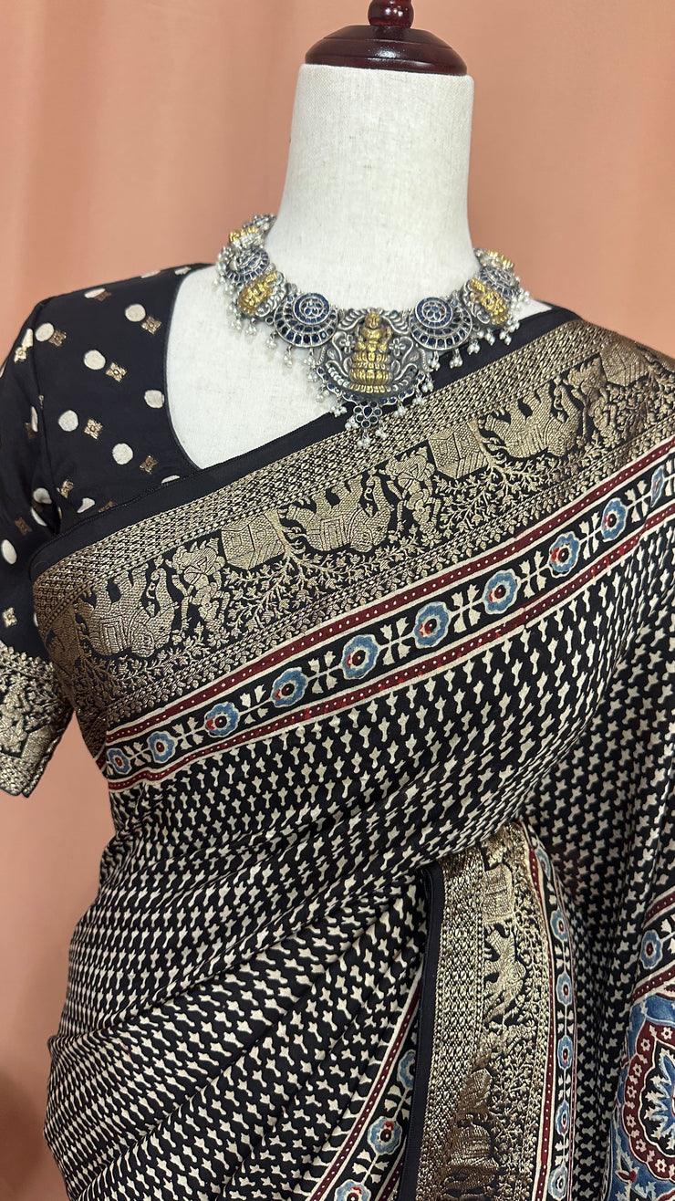 Dola Silk Saree with Ajrakh Hand Block Print , stitched blouse