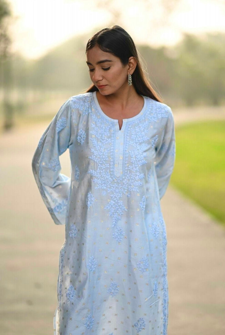 Light blue color Banarsi silk chikankari kurti