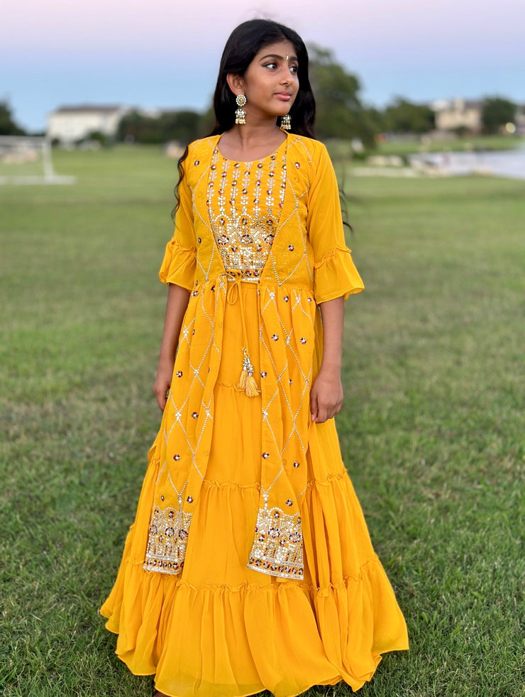 Mustard yellow lehanga with shrug