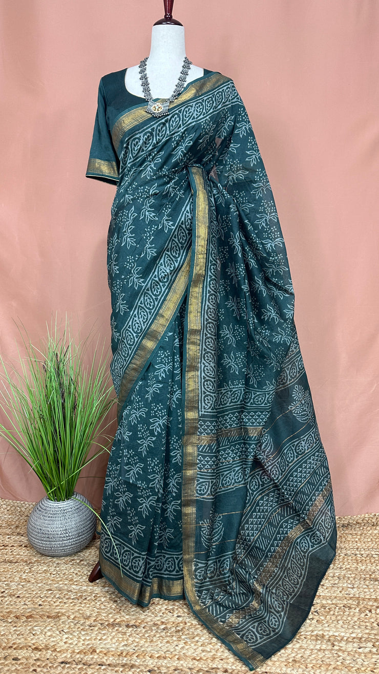 Handblock printed Maheswari cotton silk saree with stitched designer blouse