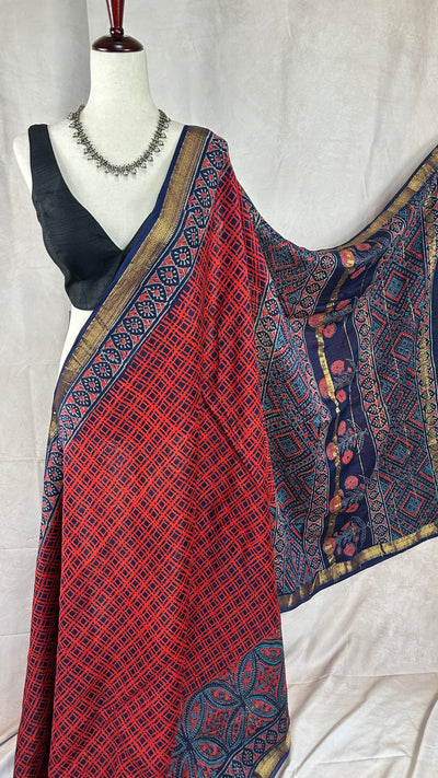 Handblock printed Maheswari cotton silk saree