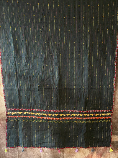 Black cotton dupatta with Aplique and kantha work