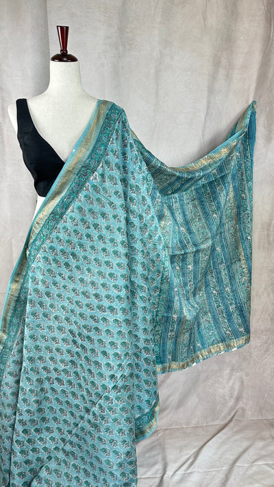 Handblock printed Maheswari cotton silk saree