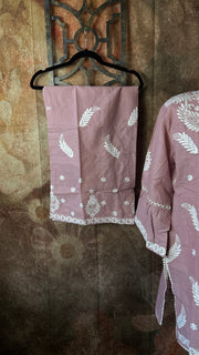 Dusty Pink kurti with white embroidery , palazzo pants and dupatta