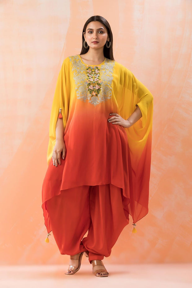 Yellow cotton silk kaftan with orange tulip bottom