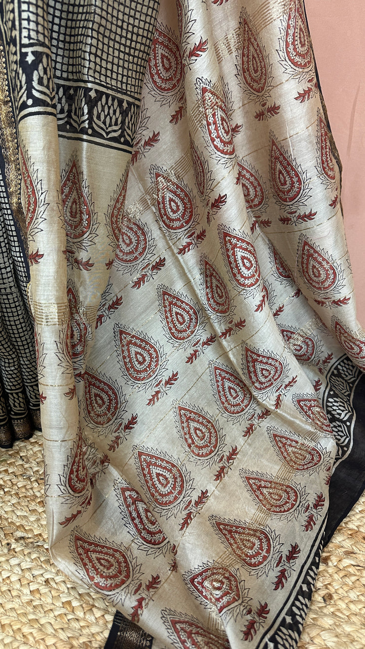 Handblock printed Maheswari cotton silk saree