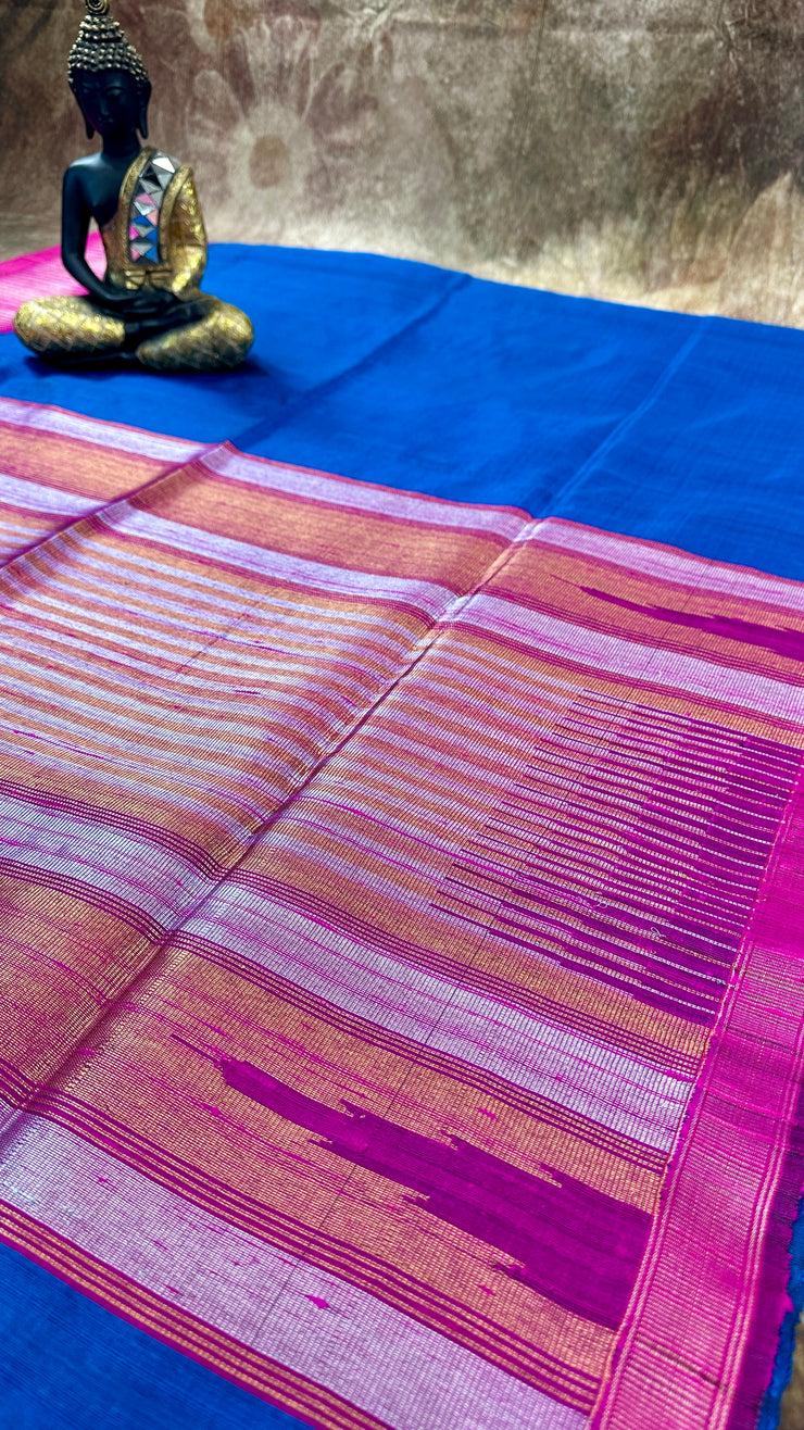 Ink Blue and Pink Combo Pure Raw Silk Saree with Stitched Blouse