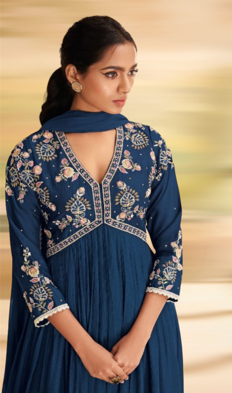 Blue long kurti with bottom and dupatta