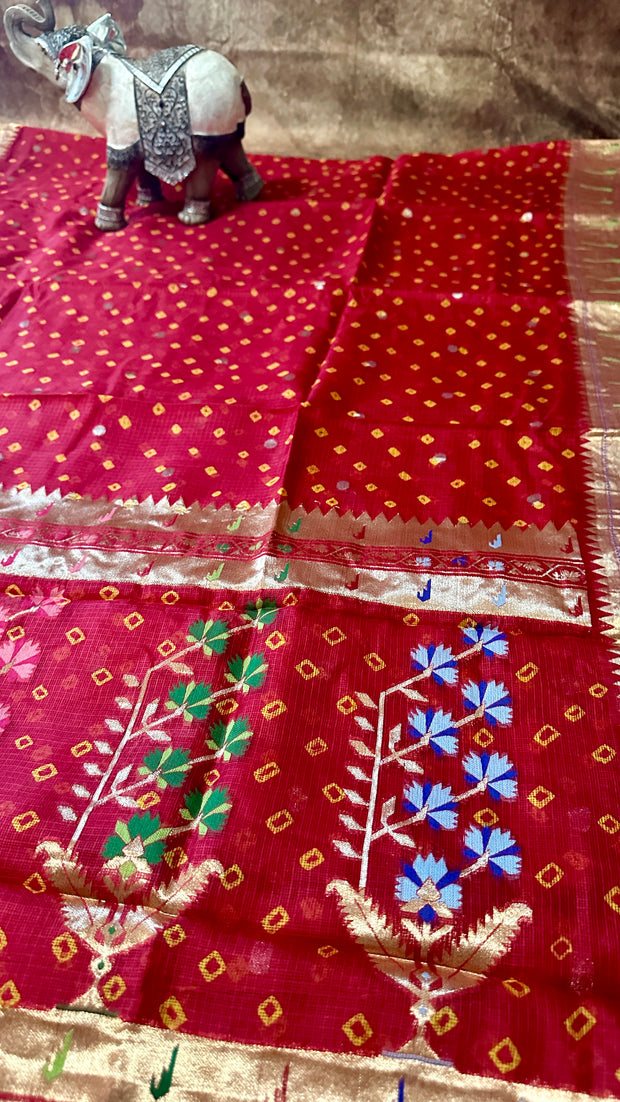 Red Silk Katan Kotta bandej saree with stitched blouse